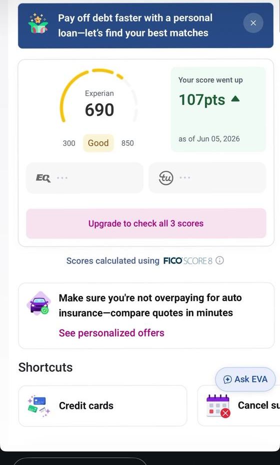 Experian score 690, up 107 points