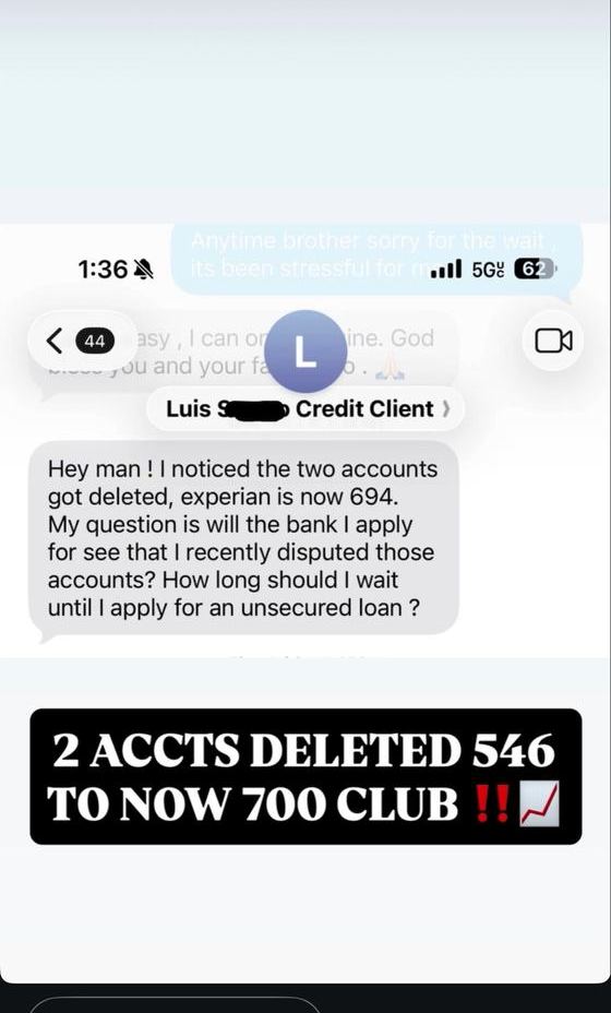 Two accounts deleted, Experian 546 to 694