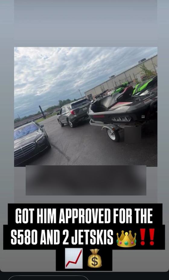 Client approved for a Mercedes S580 and two jet skis