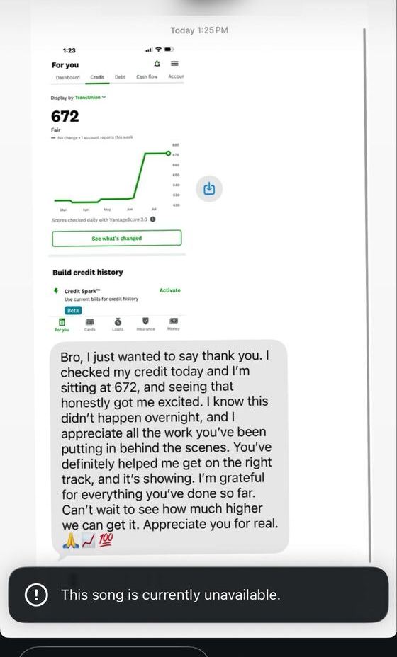 Client thank-you text at a 672 score
